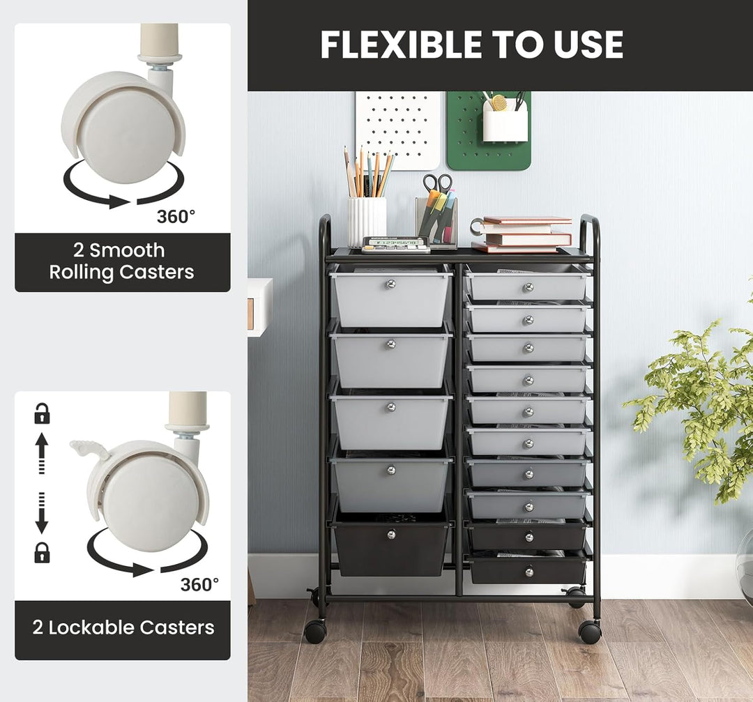 KOMFOTTEU Rollwagen mit 10/15 Schubladen stapelbar, Badrollwagen Rollcontainer mit Metallrahmen, All