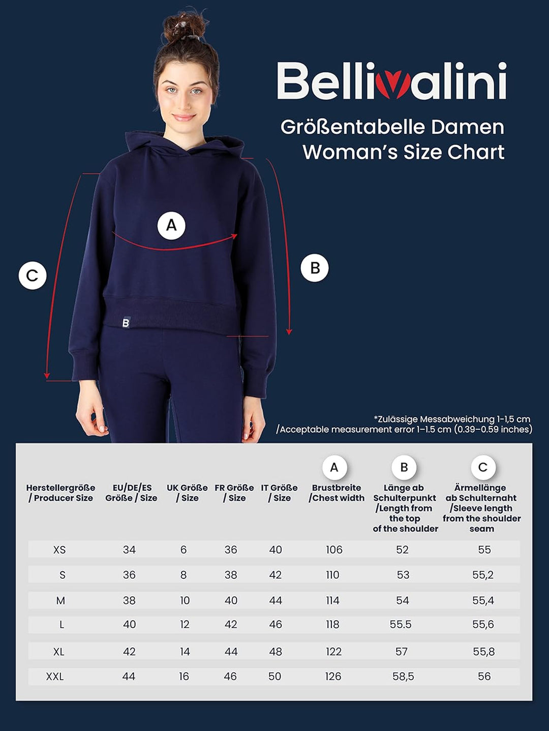 Bellivalini Kapuzenpullover kurz Damen Sportanzug Oberteil Jogging Pullover BLV208 XS Blau, XS Blau