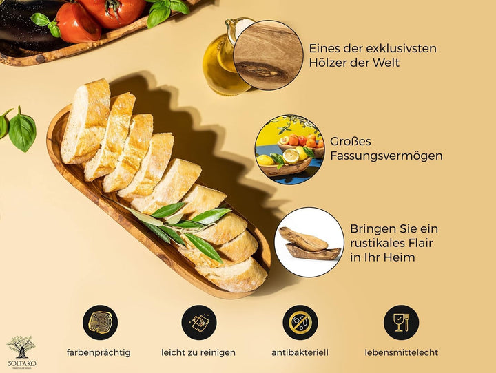 SOLTAKO Olivenholz Schale länglich [2er Set] Le Boulanger L (30-34 cm) rustikale Schälchen aus Olive