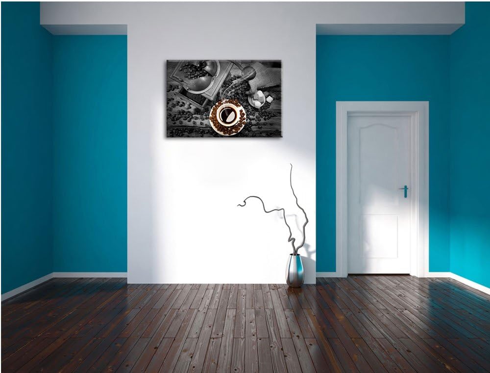 brühwarmer Kaffee mit Kaffeebohnen schwarz/weiss Format: 100x70 auf Leinwand, XXL riesige Bilder fer