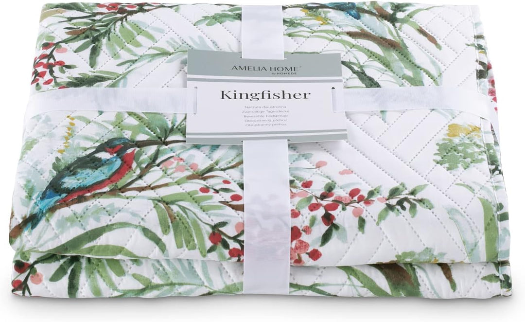 AmeliaHome Tagesdecke Bettüberwurf 260x280 cm zweiseitig pflegeleicht Steppung Pflanzenmuster Vogelm