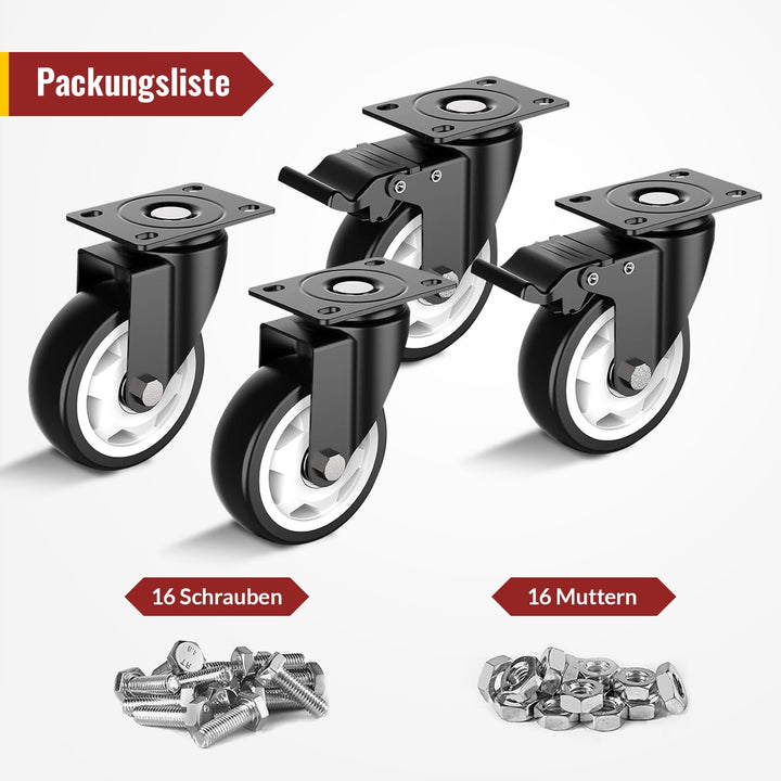 100mm Lenkrollen mit Sicherheitsbremse 4er Set Schwerlastrollen (2 mit Bremsen und 2 ohne) Möbelroll