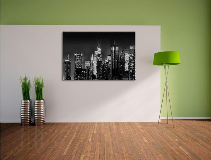 Pixxprint New York von Oben schwarz weiss / 100x70cm Leinwandbild bespannt auf Holzrahmen/Wandbild K