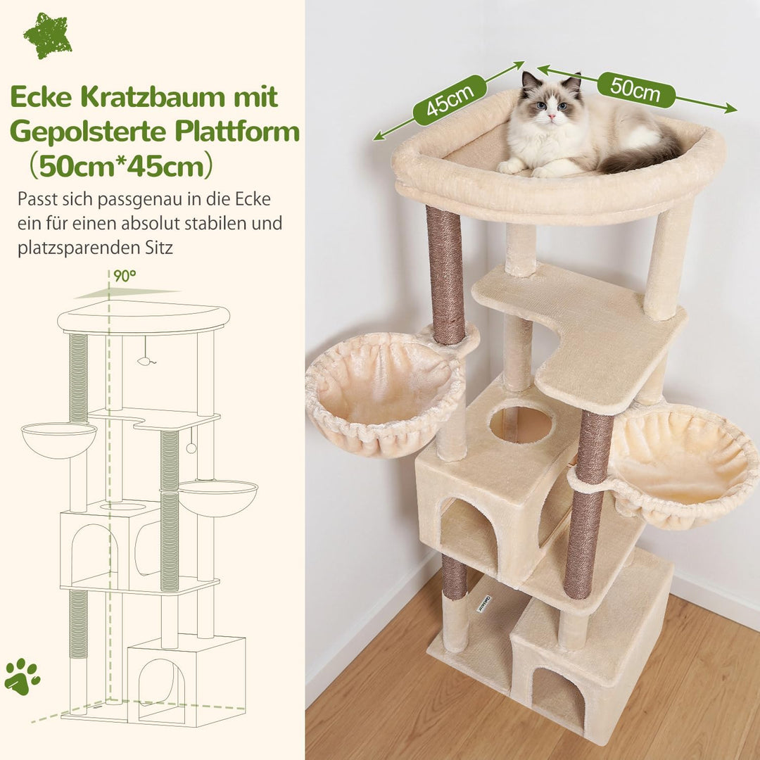 Globlazer C64 Kratzbaum Beige Stabil für Grosse Katzen 163 cm Eckkratzbaum | Stabil Katzenbaum mit E