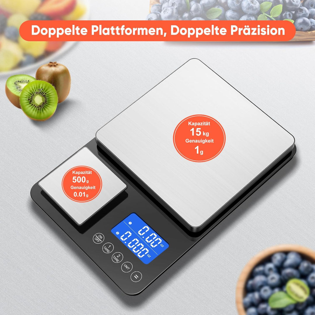 KüChenwaage Digital,Digitale KüChen mit 2 Plattformen 15kg/1g & 500g/0.01g Feinwaage mit 7/6 Einheit