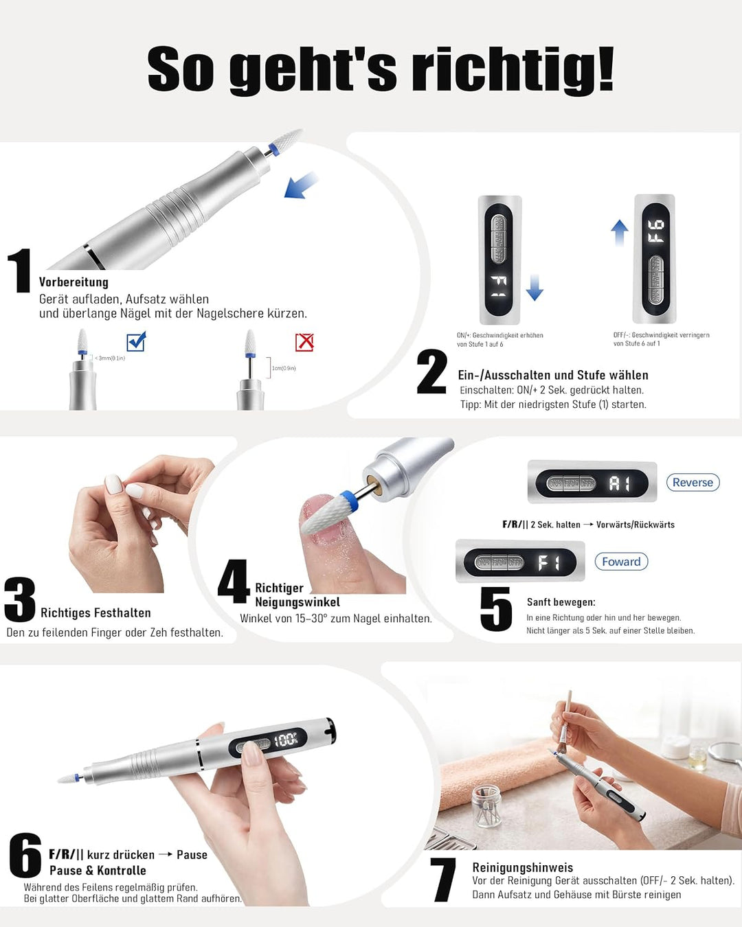 ND02 Wireless Electric Nail Cutter, 6 Speed Electric Nail File with 12 Drill Bits, Manicure Pedicure