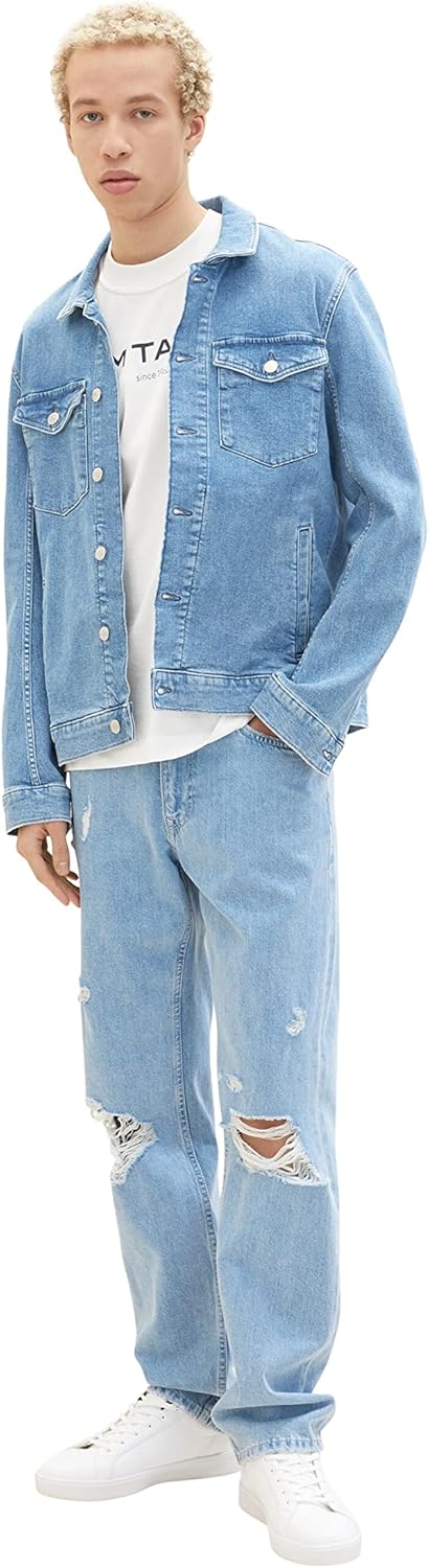 TOM TAILOR Denim Herren 90's Straight Fit Jeans 28 10121 - Destroyed Bleached Blue Denim, 28 10121 -