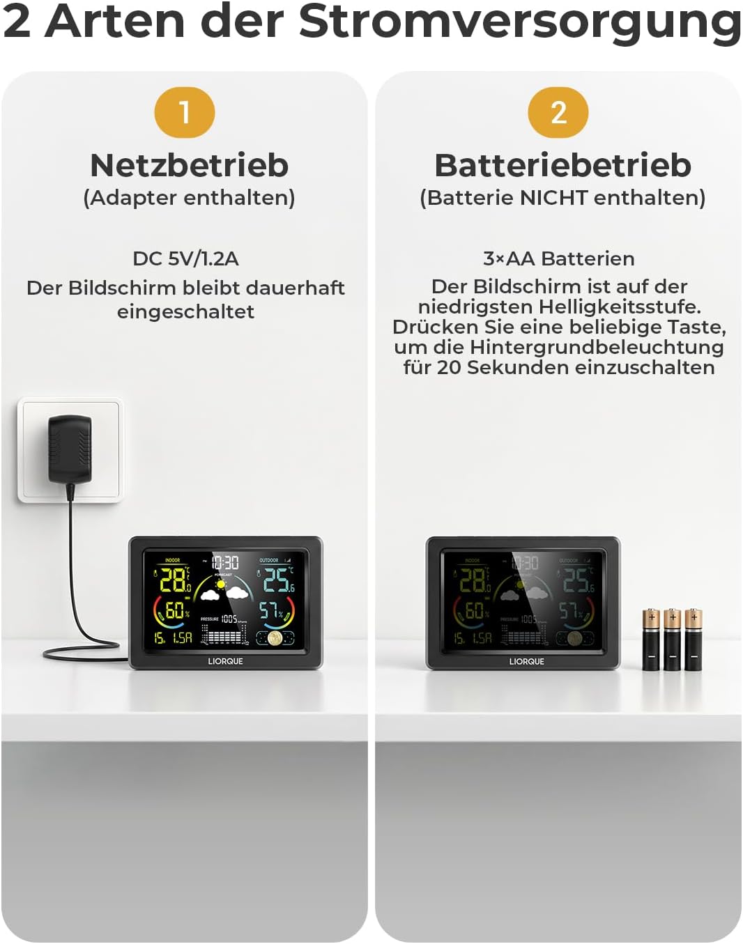 LIORQUE Wetterstation Funk mit Aussensensor, DCF Funkuhr, Funkwetterstation mit Wettervorhersage, In