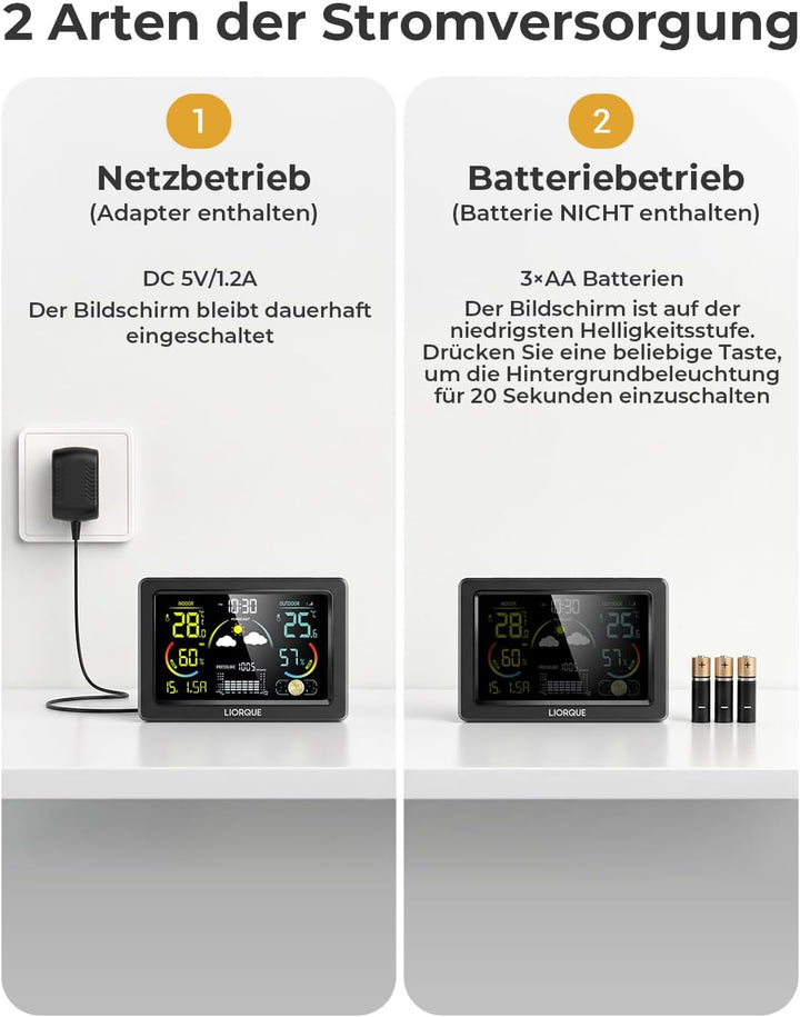 LIORQUE Wetterstation Funk mit Aussensensor, DCF Funkuhr, Funkwetterstation mit Wettervorhersage, In