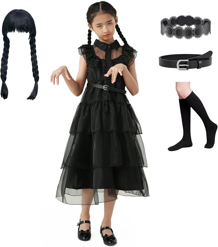 WIOLETA Schwarz Kleid Mädchen mit Perücke, Gürtel, Gürtelpolster, Socken für 4-13 Jahre, 100