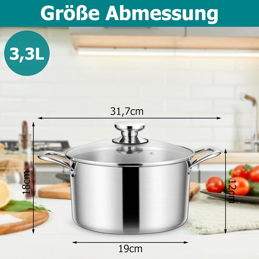 Homikit 20cm Kochtopf, 3-Lagen Edelstahl Suppentopf Induktion mit Glasdeckel, 3,3L Nudeltopf Fleisch