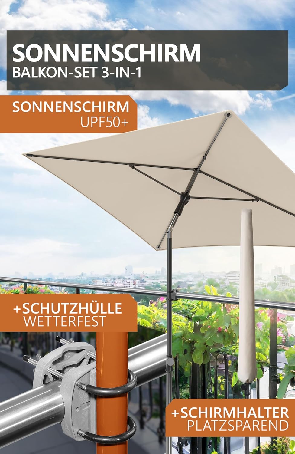 4smile Sonnenschirm Balkon SunnyShade Plus, Sonnnenschutz Balkon SET 3-in-1, Beige - UV50+ Sonnensch