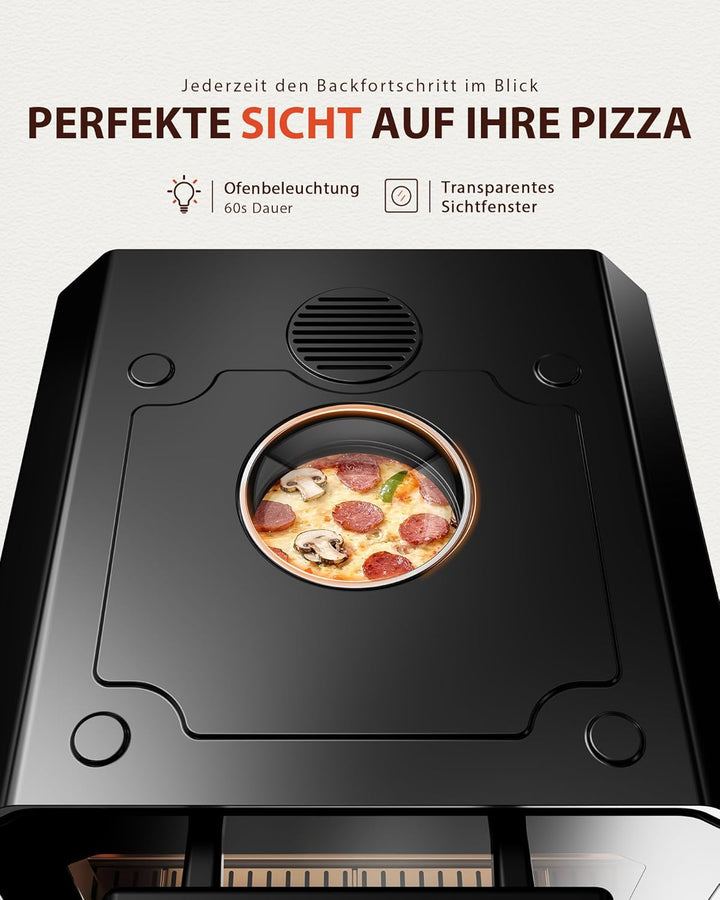 Pizzaofen Elektrisch 450°C – Neapolitanische Pizza in 90 Sek, Sichtfenster & Innenbeleuchtung, 6 Pro