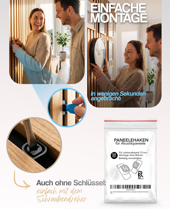 Akustikpaneele Zubehör [20er Set] – Ohne Bohren, verschiebbar, keine Rückstände – 13mm Spalt – Haken