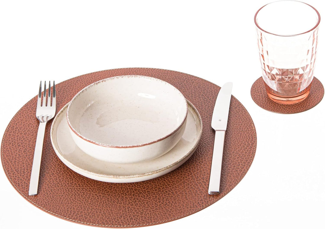 Nikalaz Rund Platzsets und Untersetzer aus recyceltem Leder, 4 Stück Platzdeckchen 33 cm und 4 Unter