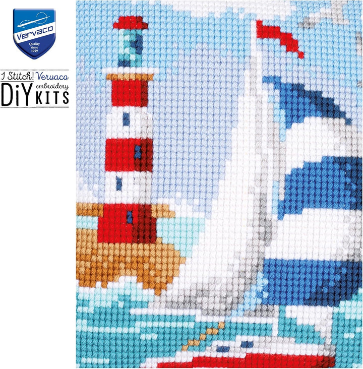 Vervaco Kreuzstichkissen Leuchtturm &amp; Segelboot, Stickbild vorgezeichnet Kreuzstichpackung Kissen, v