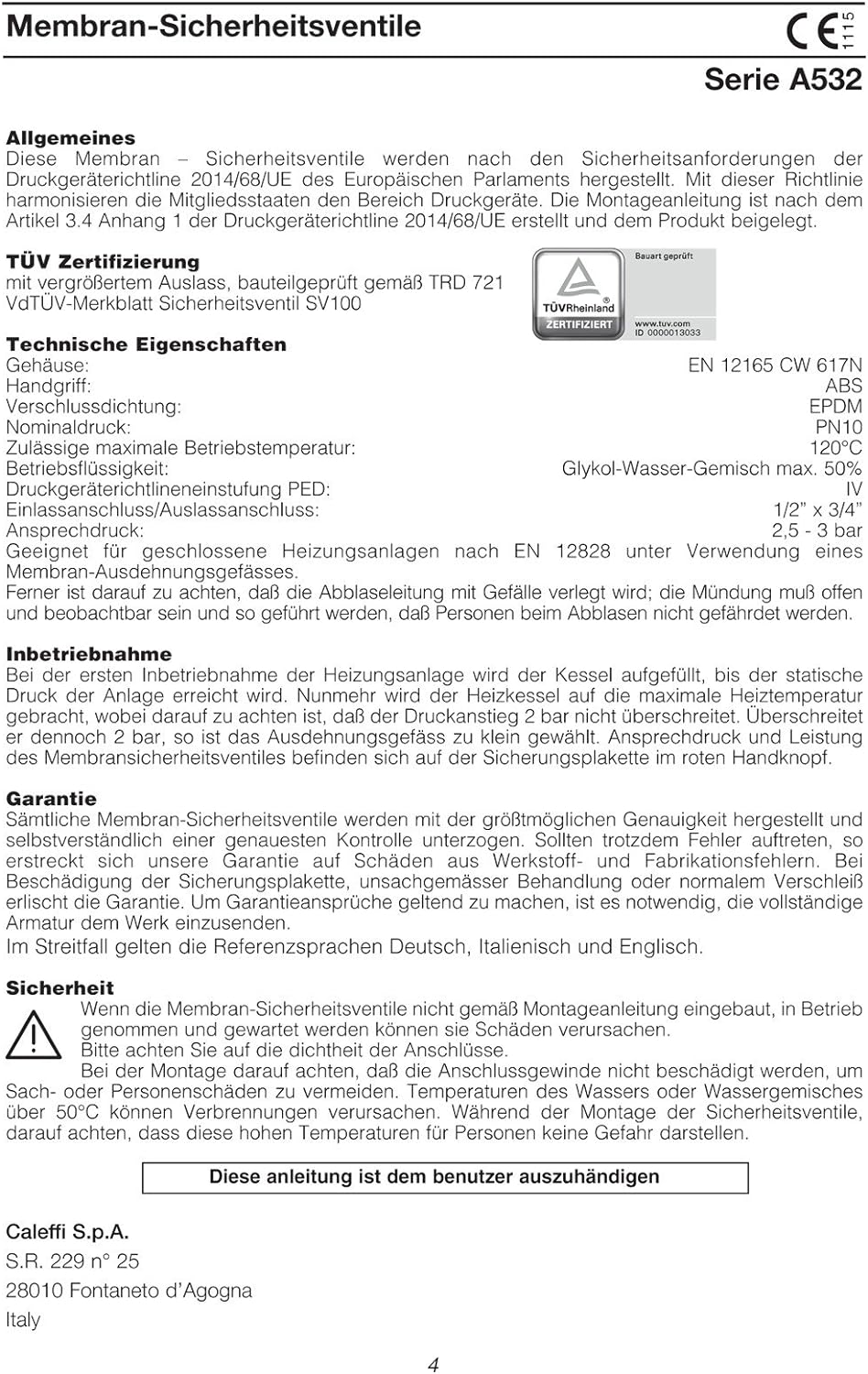 Caleffi 302631 Kesselsicherheitsgruppe bis 50kW Sicherheitsgruppe Anschlussgruppe mit Isolierung für