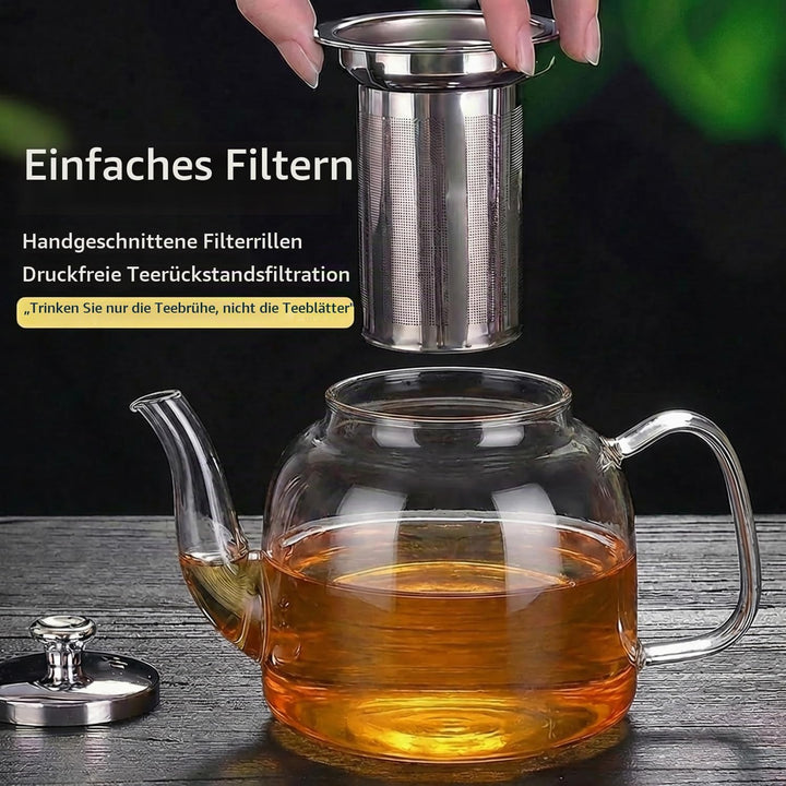 Grosse Teekanne Set aus Glas 1,5 Liter mit Siebeinsatz – Spülmaschinenfestes Teeset mit 4 Tassen für