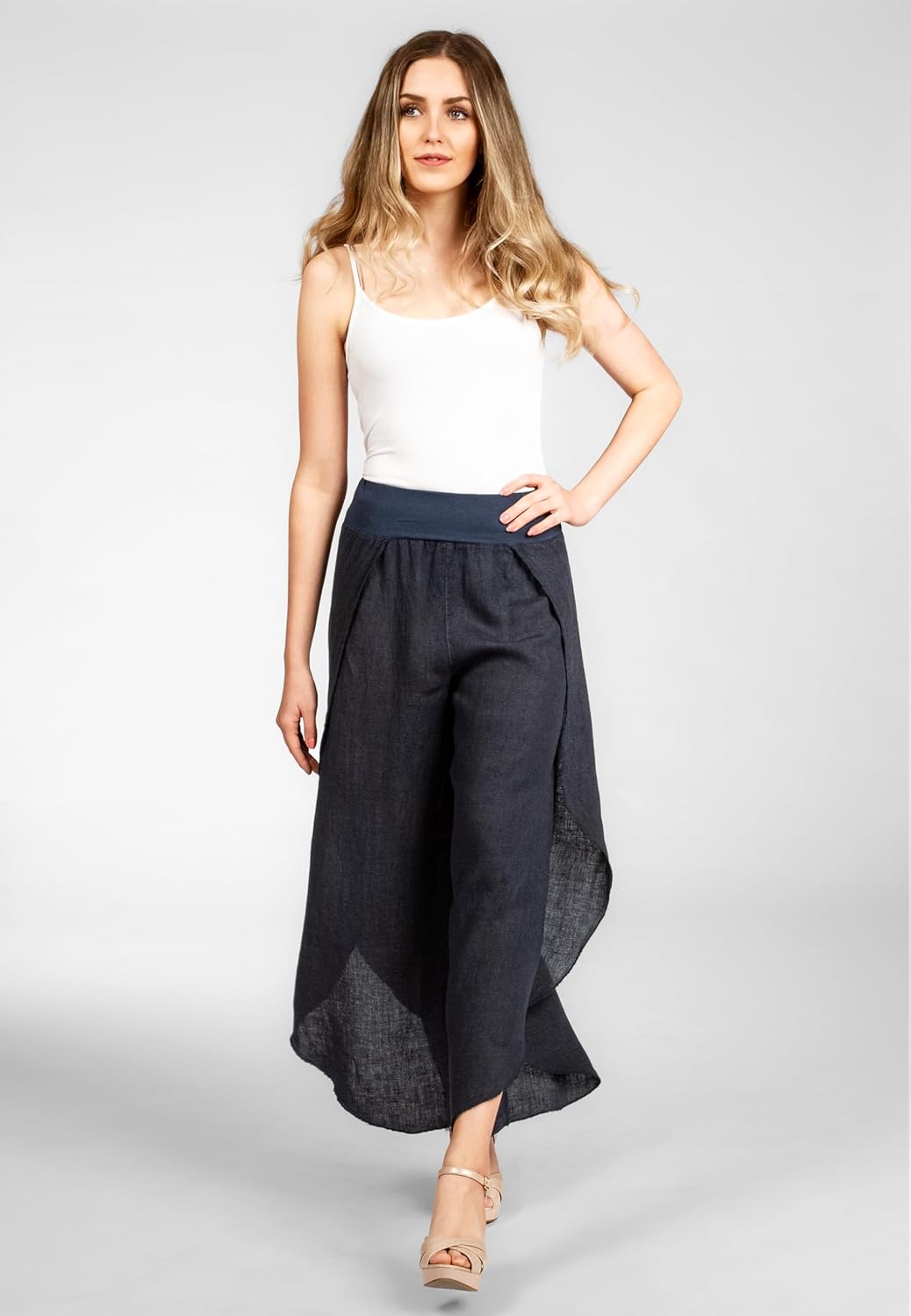 Caspar KHS053 leichte Elegante Damen Leinen Sommerhose, Dunkelblau