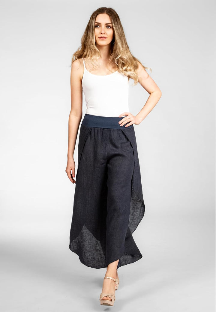 Caspar KHS053 leichte Elegante Damen Leinen Sommerhose, Dunkelblau