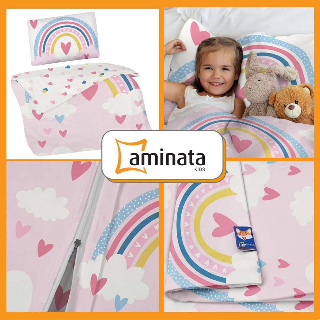 Aminata kids Kinderbettwäsche 100x135 Kinder Mädchen Baumwolle Regenbogen | Wende-Kinder-Bettwäsche-