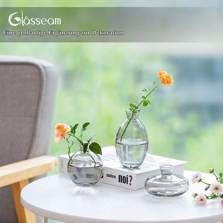 Kleine Vasen Für Tischdeko Vintage Handmade, 3 Teilig Mini Vase Glas Grau Blumenvase Modern Set Vers