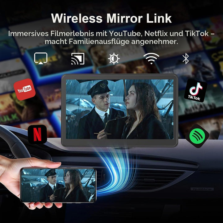 7" Drahtloses Tragbares Car Play Display für Apple CarPlay &amp; Android Auto mit Bluetooth, Mirror Link