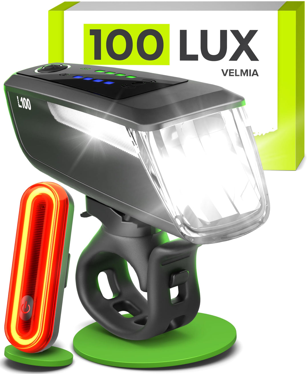 Velmia Fahrradlichter Set StVZO zugelassen mit USB Akku-Betrieb und 8,5h Leuchtdauer I LED Fahrradli