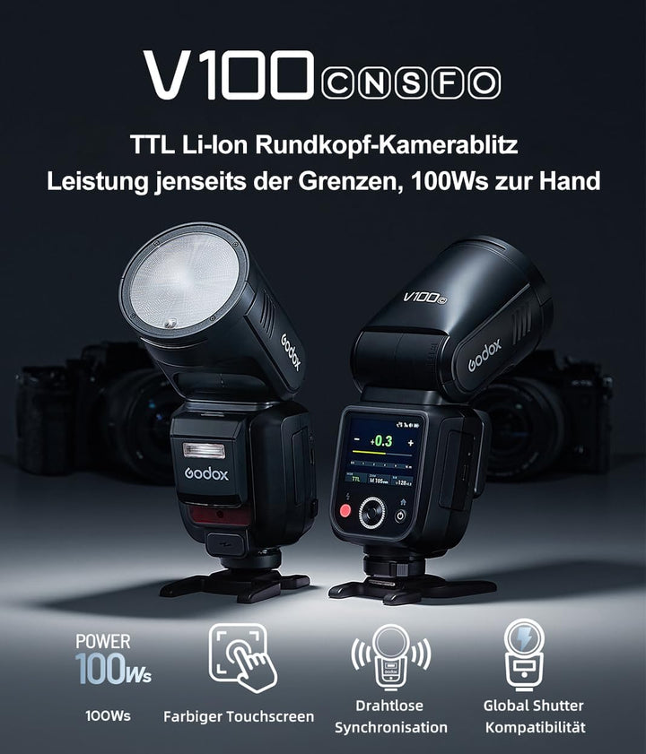 Godox V100-S V100S TTL Kamerablitz für Sony, Godox V1PRO-S Aufgerüstet,100Ws Rundkopf Blitzgerät mit