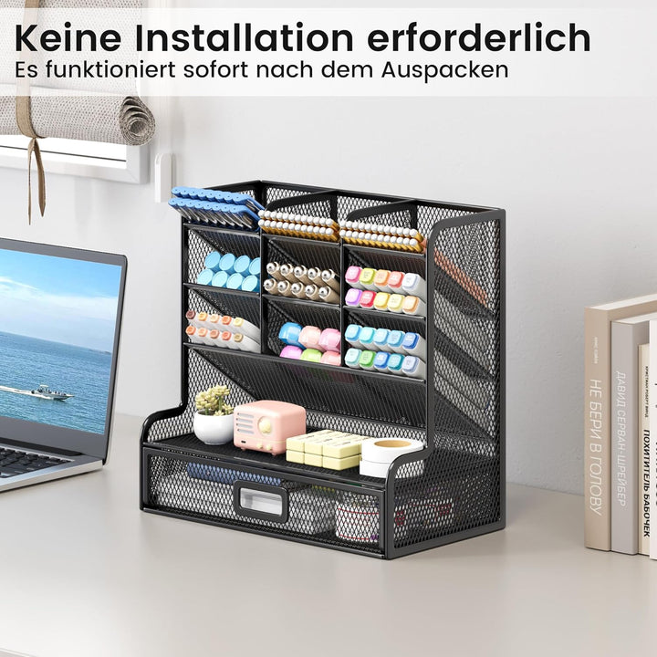 VITVITI Schreibtisch Organizer, 9 Fächer Stiftehalter mit Schublade, Netz Stifte Regal aus Metall, S