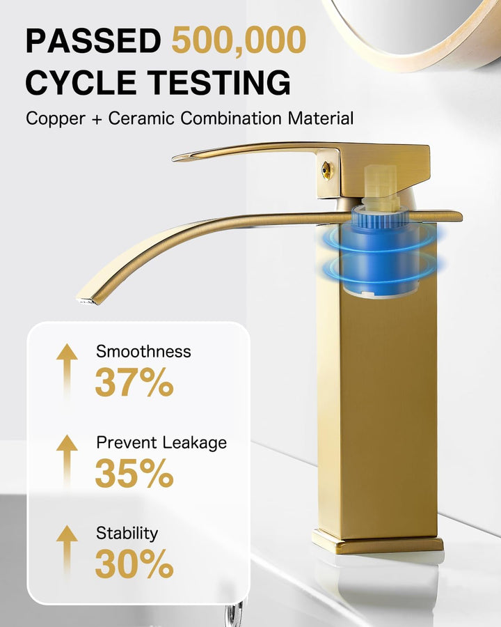 kisimixer Wasserhahn Bad Wasserfall Waschtischarmatur Gebürstetes Gold, Einhandmischer Armatur Wasch