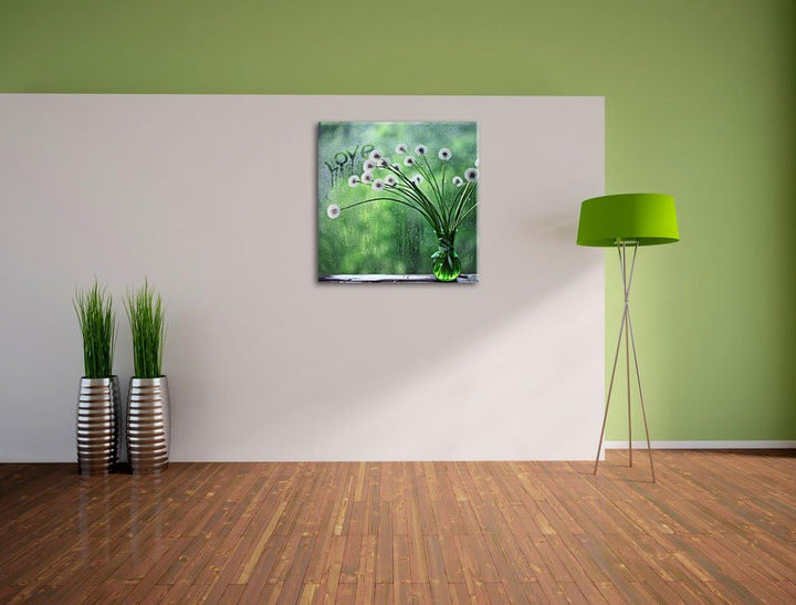 Pixxprint Pusteblumen am verregneten Fenster, Format: 70x70 auf Leinwand, 70x70