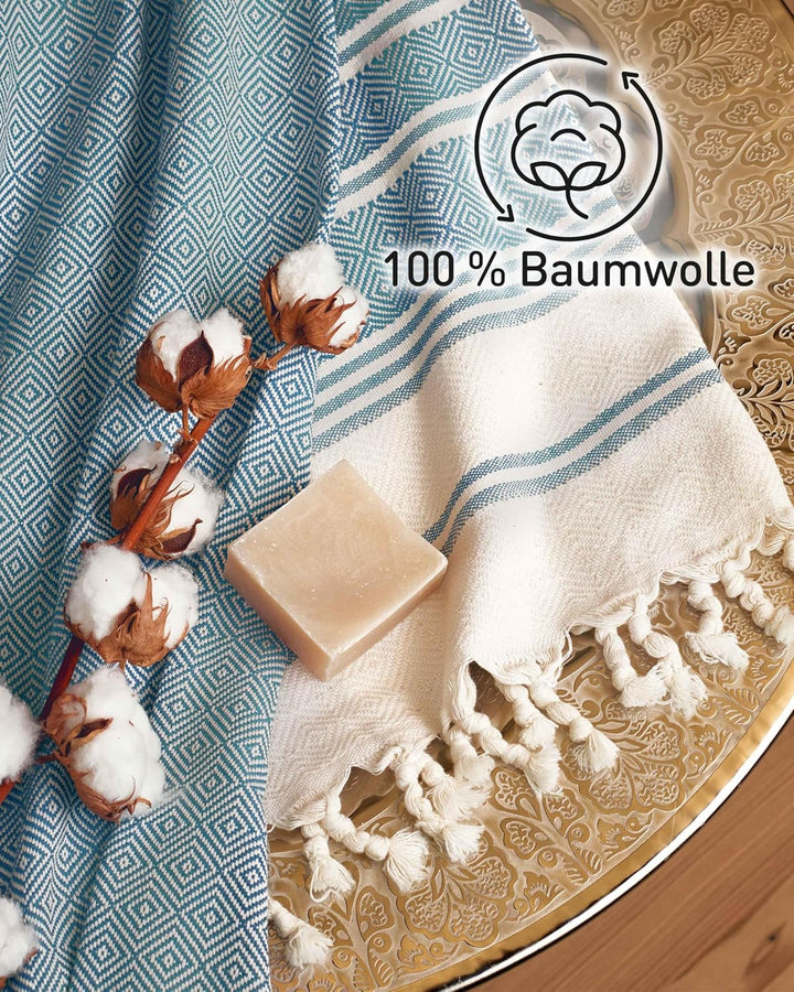 Fit-Flip Hamamtuch aus 100% Baumwolle saugfähig und schnelltrocknend | Opal Blau, 100x200cm Diamond,
