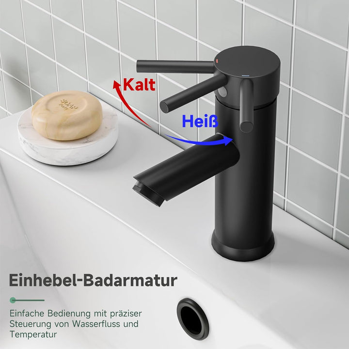 Wasserhahn Bad Schwarz Matt, Messing-Waschbecken Armaturen, Einhebelmischer Waschbecken für Bad, Gäs