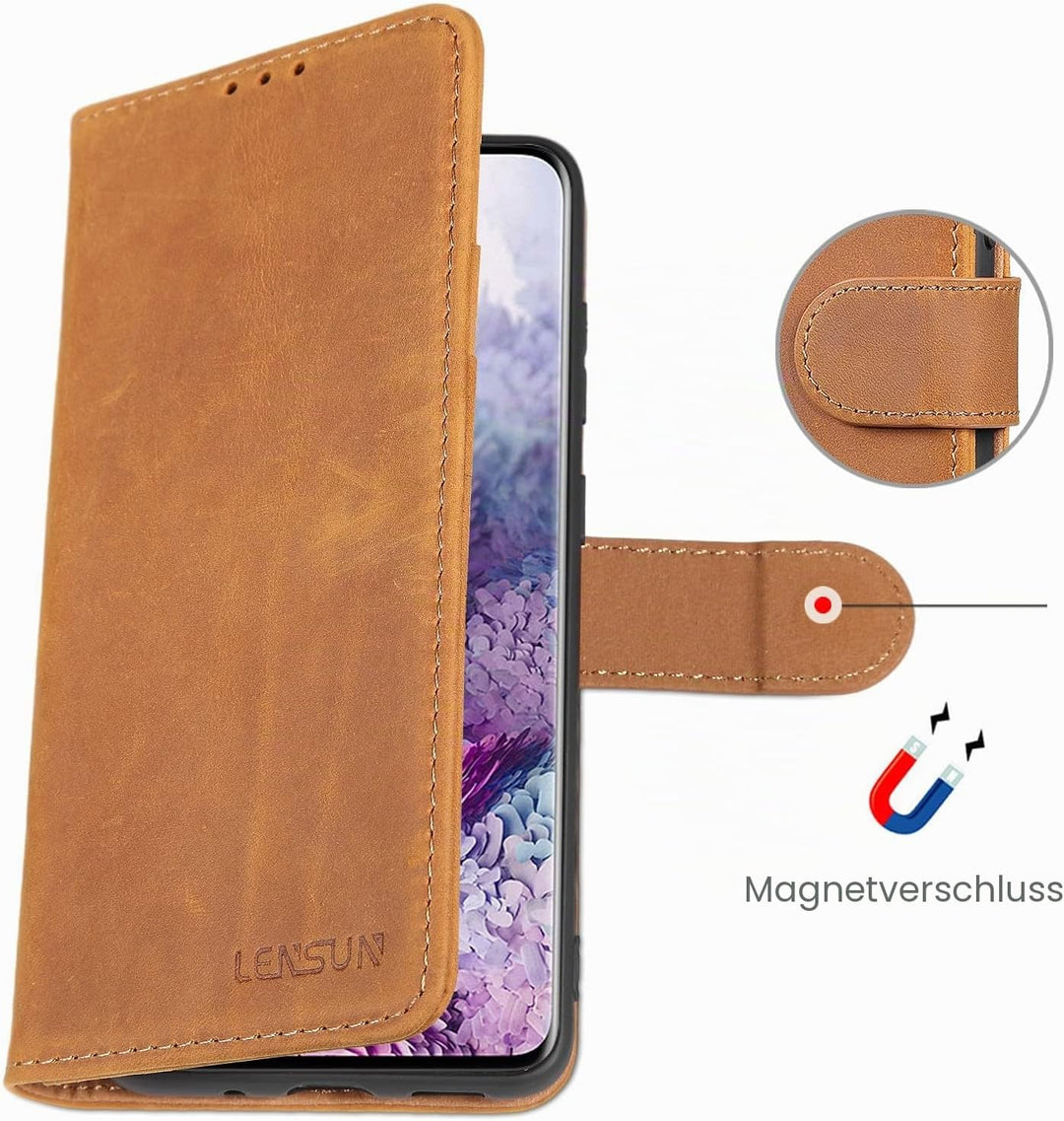 LENSUN Echtleder Hülle für Samsung Galaxy S20, Handyhülle [Echtes Leder] [Magnetverschluss] [Kartenf