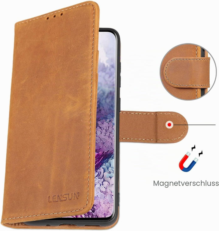 LENSUN Echtleder Hülle für Samsung Galaxy S20, Handyhülle [Echtes Leder] [Magnetverschluss] [Kartenf