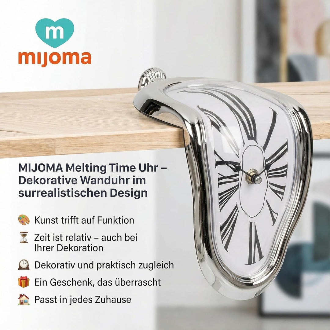 MIJOMA Melting Time Uhr – Dekorative Wanduhr im surrealistischen Design, 18 x 13 cm, Kunststoff, Sch