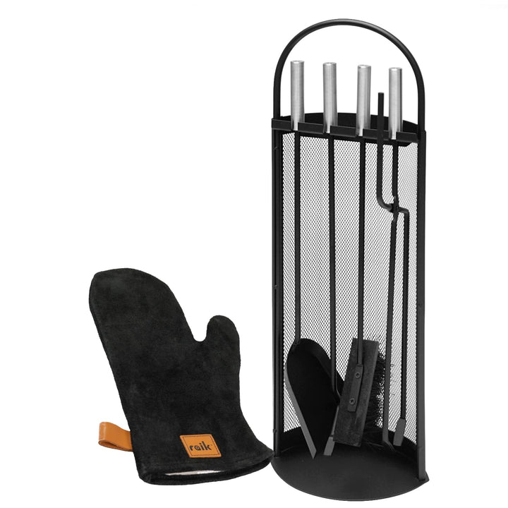 raik Kaminbesteck Set Albert 4-teilig inkl. Rindsleder Ofenhandschuh schwarz Kamingarnitur Stahl Sch