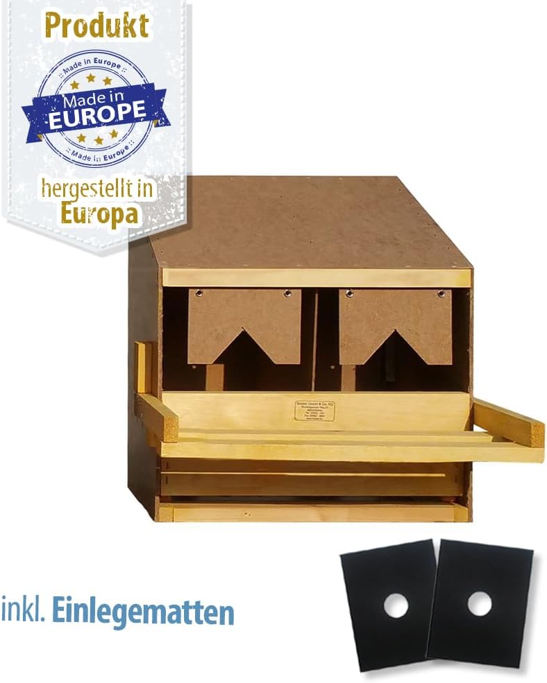 Hühnernest Legenest Abrollnest mit Einlegematten - Holz - 2 Abteilungen - schräg