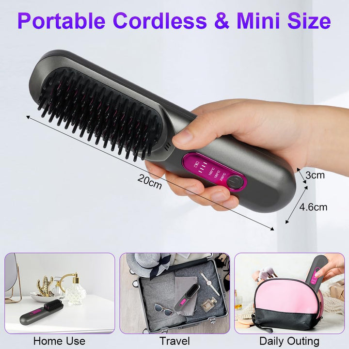 LOPHE Mini Haarglätterbürste, Glättbürste Kabellos, Hair Straightener Comb mit LCD-Bildschirm 3-Stuf
