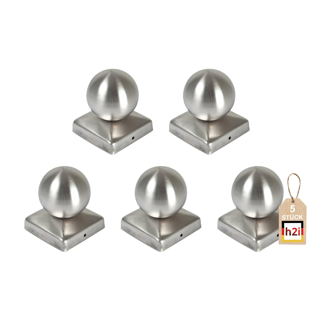h2i Pfostenkappe Kugel | Edelstahl | 91 x 91 mm | 5 Stück | Eckige Abdeckkappe für Garten Holzpfoste
