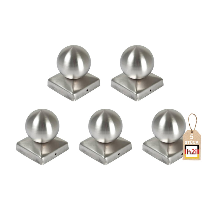 h2i Pfostenkappe Kugel | Edelstahl | 91 x 91 mm | 5 Stück | Eckige Abdeckkappe für Garten Holzpfoste