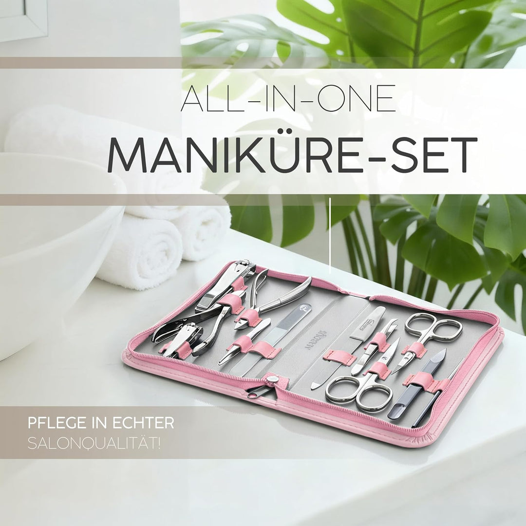 marQus Solingen Maniküre Pediküre Set - 12 Teile in Echt Leder Etui handlich und weich - Komplett Ki