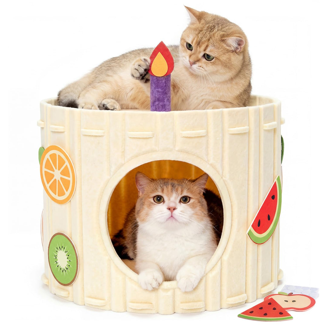 Katzenhöhle Filz, Stabiles Katzenhaus Indoor mit Aufklebern | Katzenbett mit Jingle-Kerze, Kuchen-Ka