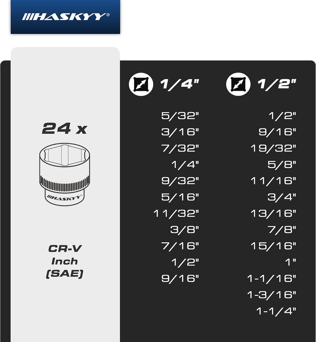 24tlg Zoll Stecknüsse I Harley-Zoll-Steckschlüssel I 5/32" - 1.1/4" Nusskasten I Werkzeug Satz I Har