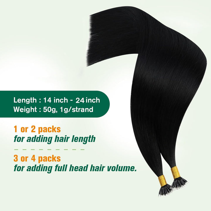 Easyouth Haarverlangerungen Nano Tip Human Hair Farbe Pechschwarz 50 Stück 50g 20 Zoll Echthaar Nano