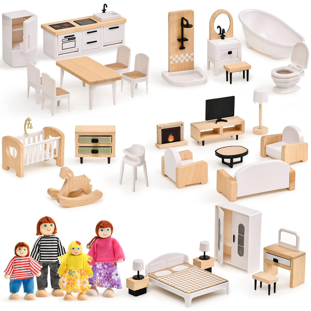 Atoylink Puppenhaus Möbel Set aus Buchenholz &amp; Kunststoff, Zubehör Spielzeug mit Puppenhaus Puppen,