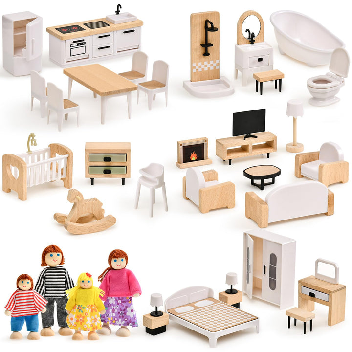 Atoylink Puppenhaus Möbel Set aus Buchenholz &amp; Kunststoff, Zubehör Spielzeug mit Puppenhaus Puppen,