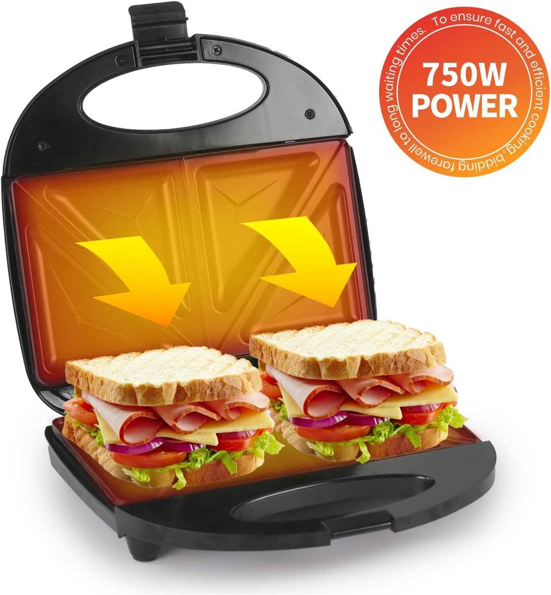 Sandwichmaker 750W, Sandwichtoaster Kuchen 2 Scheiben mit Antihaftbeschichtung, Doppelseitiges Backe