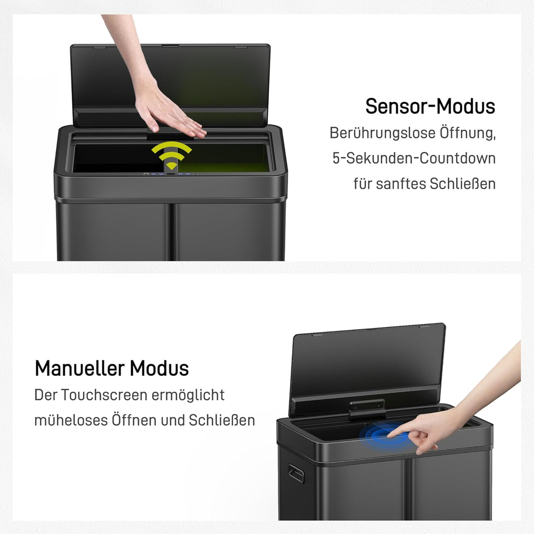 EKO Mirage Plus Mülleimer mit 3 Fächer, 2 x 15 L und 30 L, Recycler Mülleimer mit Sensor, 3 Kunststo